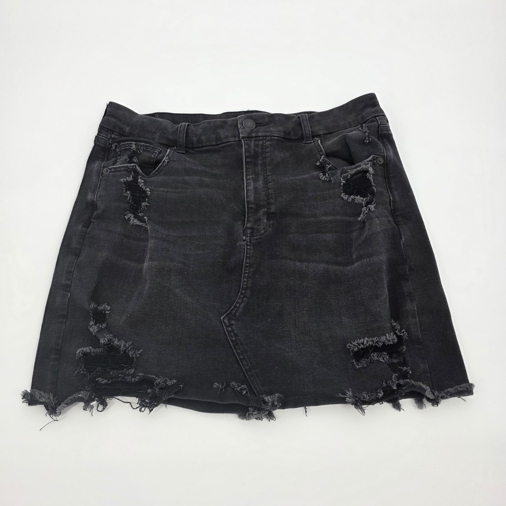 American Eagle Black Denim Skirt Womens 18 Next Level Stretch Mini Jean Distress